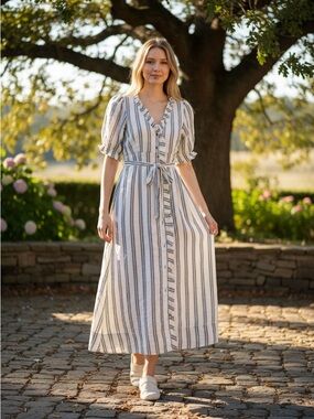 Pilcro Ivory Maxi Dress with Navy Stripes and Tie Waist